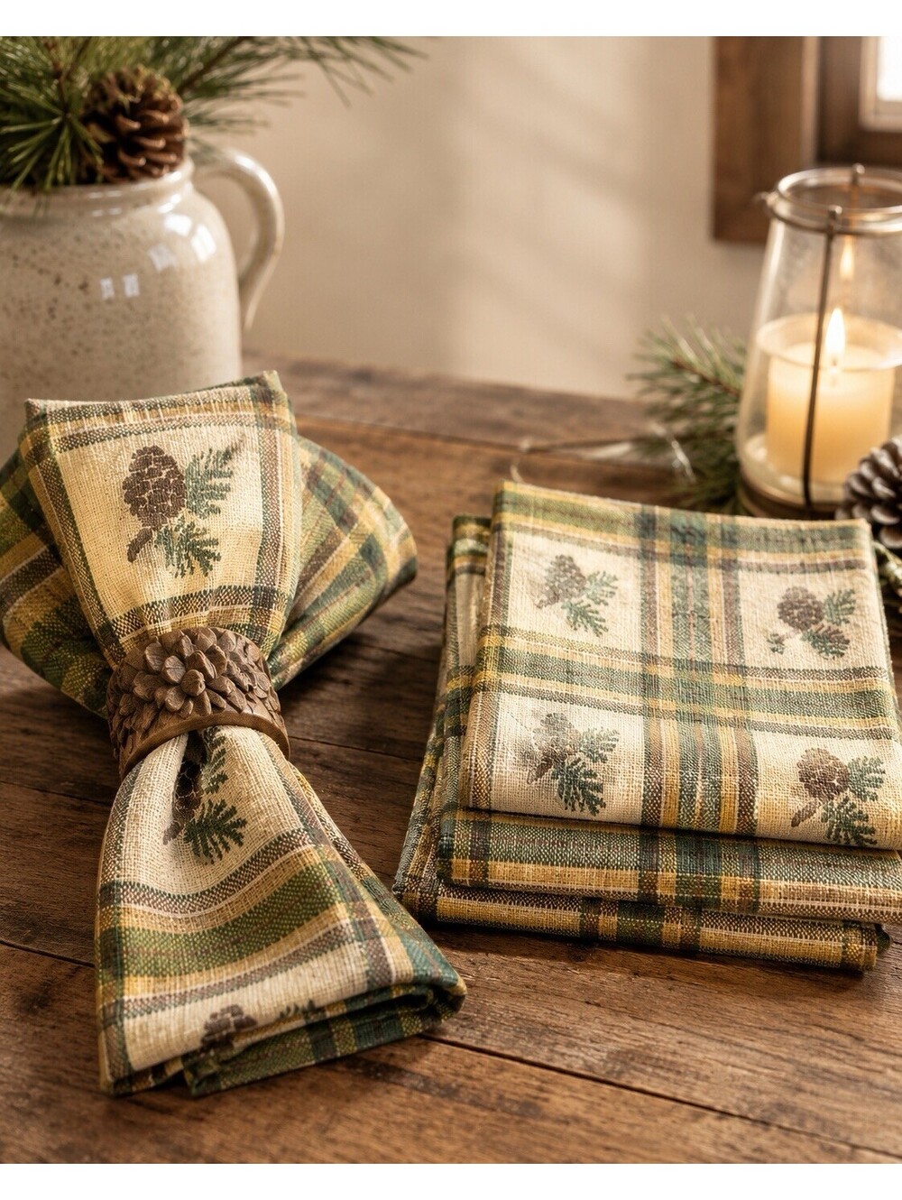 NWT Park Designs 2000s Pine Lodge Plaid Pinecone Cotton Napkins, 5”